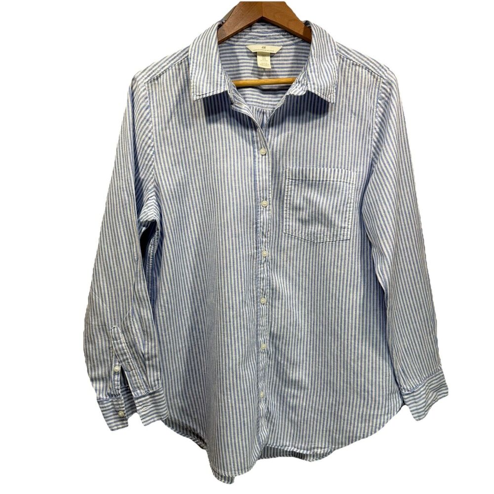 H & M Women's Size M Linen Blend Blue White Striped Long Sleeve Button Up Shirt